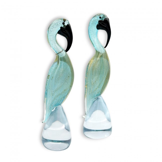 ARGO - Pair of WATER GREEN and GOLD leaf Flamingos in Murano glass