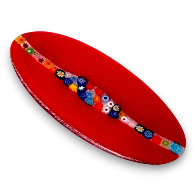 CASCATA - Small Red OVAL Tray with Murrine in Murano glass