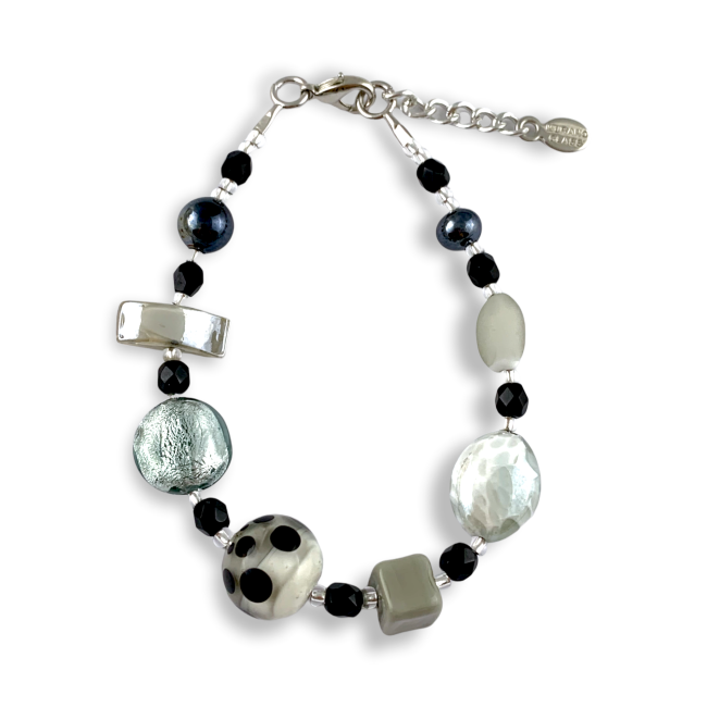 DALMATA - Bracelet with multi-shaped GRAY and Beige pearls in Murano glass