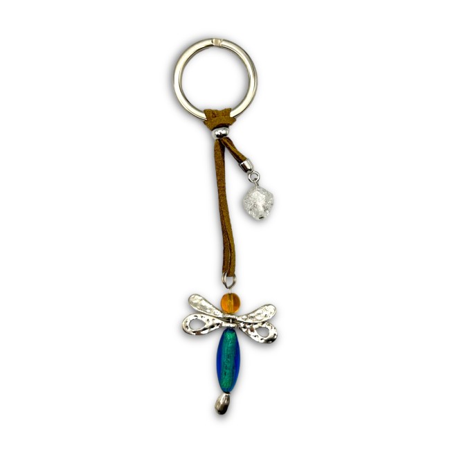DRAGONFLY - Key ring with Murano Glass BLUE pearl and SILVER leaf