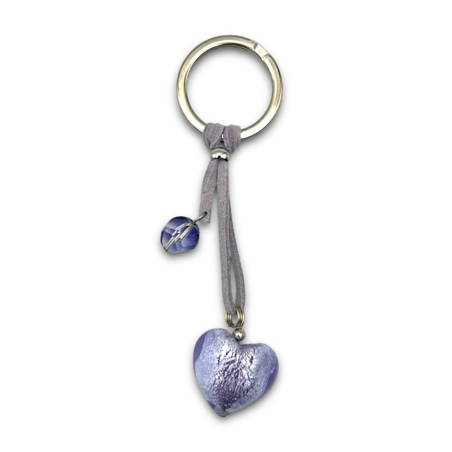 HEART - Key ring with LILAC Murano Glass pearl and SILVER leaf