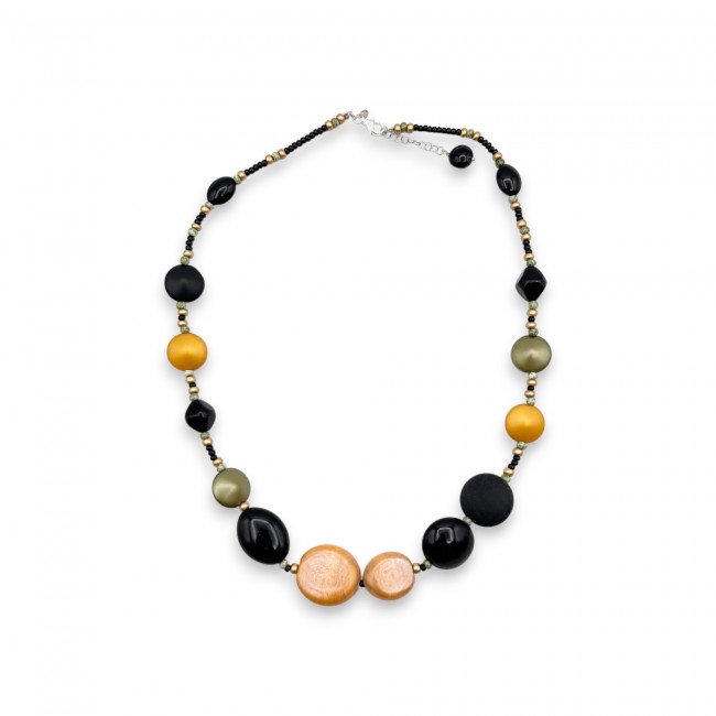 JENNA - Necklace with BLACK and yellow ocher satin pearls in Murano Glass