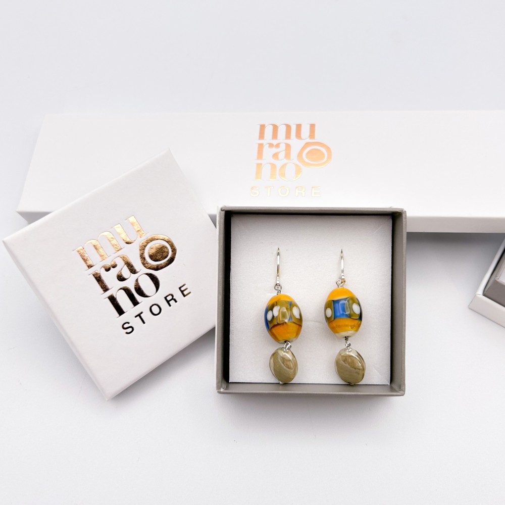 JUDIT - Earrings with ORANGE and INDIGO hanging pearls in Murano glass