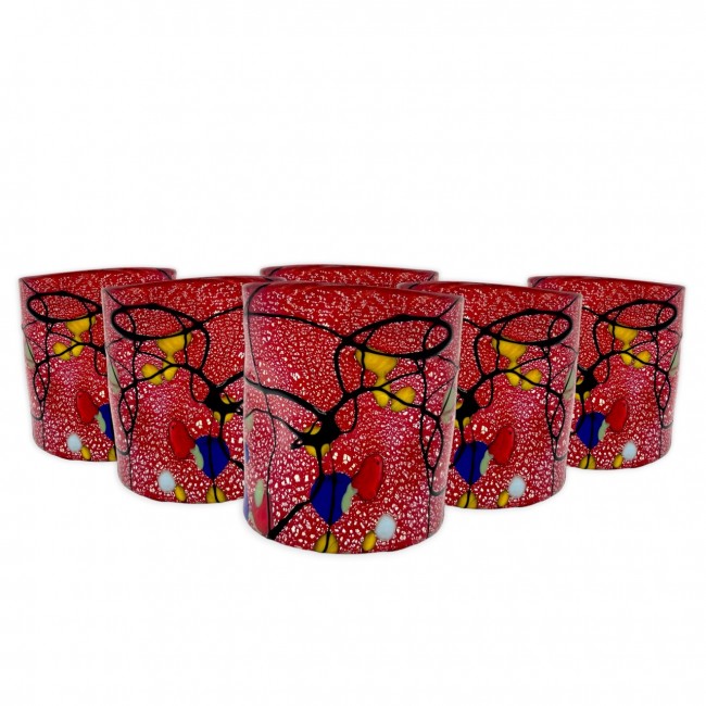 POLLOCK - Set of 6 RED glasses decorated with SILVER leaf in Murano glass