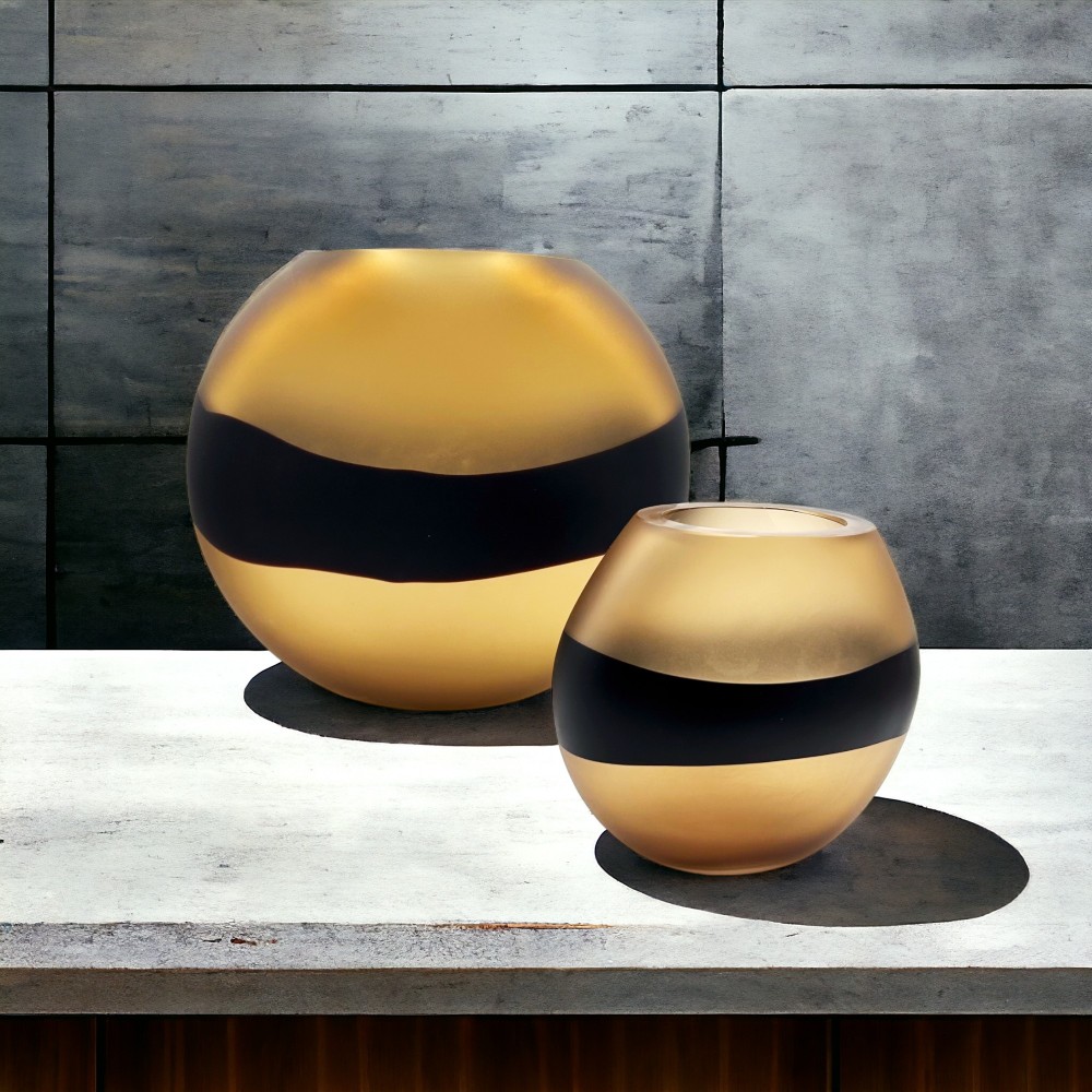 WATAMU - Pair of amber and black ETHNIC style vases in satin Murano glass