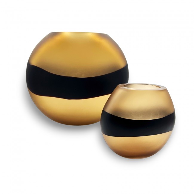 WATAMU - Pair of amber and black ETHNIC style vases in satin Murano glass